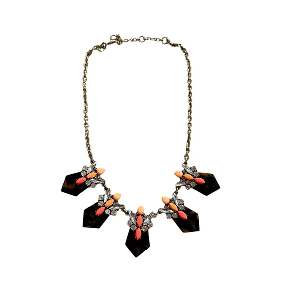 J.Crew Statement Necklace Tortoise & Coral Jewel Cluster | Vintage Style Gold - Picture 1 of 7